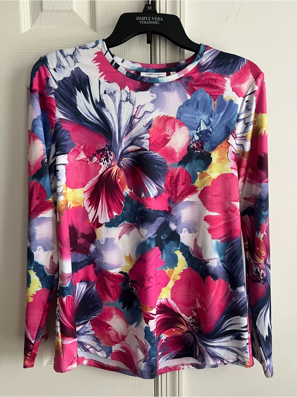 Chico's Vibrant Floral Long-Sleeve Crewneck Top - Pink, Blue, Yellow M